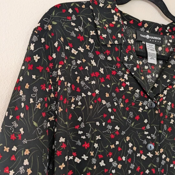 Vintage Sag Harbor Black Floral Button Up Collared Top sz 1X 90s Casual - Picture 4 of 8
